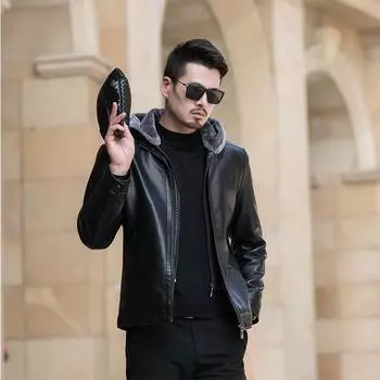 Зимняя одежда из натуральной кожи, утолщенная мужская кожаная куртка на флисовой подкладке со съемным меховым капюшоном 175 коричневый