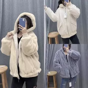 Зимняя одежда из оленьей кожи, флиса, меха, утолщенного овечьего флиса, куртка с капюшоном, короткое пальто, женская одежда с хлопковой подкладкой XS серый