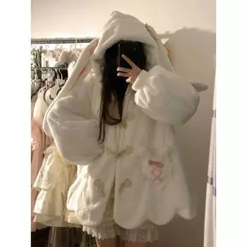Зимняя одежда Милые куртки Женские кроличьи уши С капюшоном Из овечьей шерсти Верхняя одежда Большие утолщенные Модные пальто Y2K Kawaii M белый