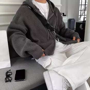 Зимняя одежда Мужской вязаный кардиган с капюшоном на молнии свитер с длинным рукавом Однотонная толстовка с капюшоном Корейский популярный трикотаж S чёрный