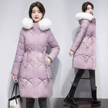 Зимняя одежда, новый белый пуховик с меховым воротником и капюшоном, женская длинная стеганая куртка выше колена L чёрный