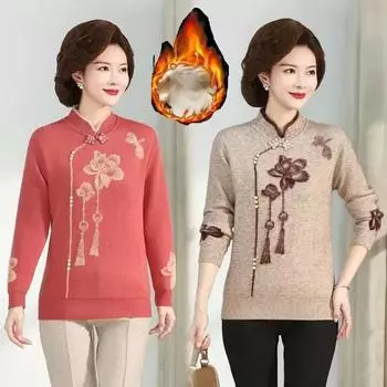 Зимняя одежда Плюс бархатный толстый свитер, цельнокроеная бархатная нижняя рубашка, теплый полуводолазный свитер для женщин среднего и пожилого возраста XXXXL красный