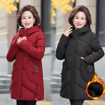 Зимняя одежда Плюс Хлопок Толстая хлопковая куртка для женщин среднего и пожилого возраста Свободная пуховая хлопковая куртка средней длины с капюшоном XXXXXL чёрный