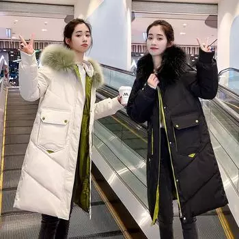 Зимняя одежда с большим меховым воротником, подходящая по цвету, из хлопка для женщин, утепленная куртка корейской версии для женщин S бежевый
