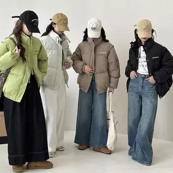 Зимняя одежда с буквенным принтом, женская новая корейская версия, свободный воротник-стойка, теплая утолщенная куртка из хлеба S чёрный