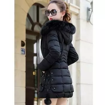 Зимняя одежда с хлопковой подкладкой, длинное пуховое пальто с капюшоном для ремонта тела, женская стеганая куртка, утолщенное пальто L чёрный
