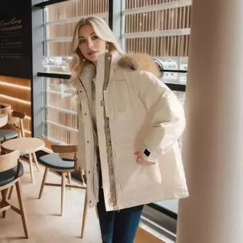 Зимняя одежда с хлопковой подкладкой Меховые парки Большой меховой воротник Пуховая хлопковая куртка Женская толстая теплая ветрозащитная куртка Большие карманы M