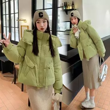 Зимняя одежда с капюшоном из хлопка, женские утепленные куртки для студентов 2024 года, новинка, короткая одежда для хлеба, корейская версия, свободная M чёрный