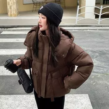 Зимняя одежда с капюшоном из хлопка, женские утолщенные куртки для студентов 2024 года, новинка, короткая одежда для хлеба, корейская версия, свободная M чёрный
