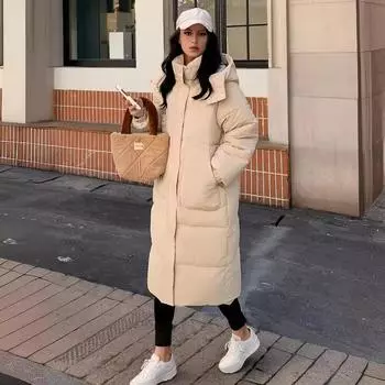 Зимняя одежда с подкладкой женская средняя и длинная летняя новая одежда с подкладкой из хлопка утолщенная выше колена одежда для хлеба куртка с капюшоном на подкладке из хлопка S белый