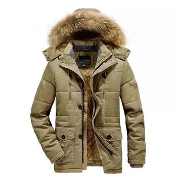 Зимняя одежда средней и длинной длины с хлопковой подкладкой, мужская бархатная утолщенная одежда большого размера для людей среднего и пожилого возраста, теплая хлопковая одежда L хаки