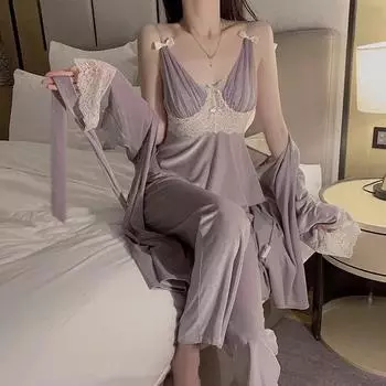 Зимняя одежда Женская повседневная осенне-зимняя пижама на гусином пуху Женская элегантная пижама из 3 предметов Женская домашняя одежда M