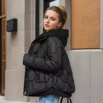 Зимняя одежда женские куртки пальто короткие парки поддельные два трикотажные с капюшоном пуховая хлопковая верхняя одежда 2XL чёрный