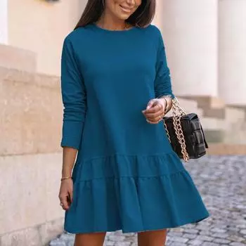 Зимняя однотонная домашняя одежда с длинными рукавами, свободное платье с круглым вырезом и рюшами для женщин, осенняя мини-одежда S синий