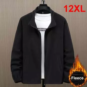 Зимняя однотонная флисовая куртка для мужчин Thcik Warm Fleece Jacket Coat Plus Size Casual Polar Fleece Coat Male 12XL чёрный