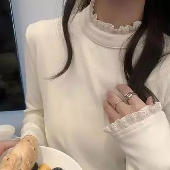 Зимняя однотонная полувысокая кружевная кружевная рубашка с облегающим кроем из двухстороннего бархата с длинными рукавами для женщин S