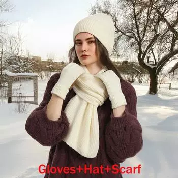 Зимняя однотонная вязаная шапка + шарф + перчатки, утолщенные шерстью, комплект из трех предметов, европейский и американский комплект из трикотажной пряжи, шарф 23*9/22*22/180*30cm