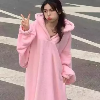 Зимняя осень Пижама «Маленький дьявол» Утепленная пижама с подкладкой Однотонная домашняя одежда Свободные платья с капюшоном большого размера Парный халат Цельная пижама L чёрный