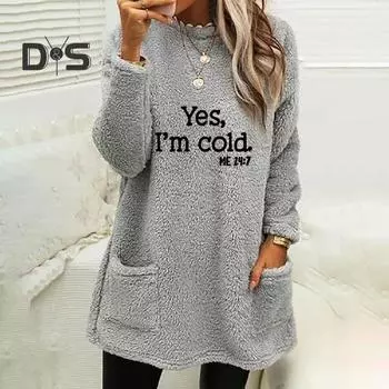 Зимняя осенняя толстовка с круглым вырезом, толстый плюшевый свободный пуловер средней длины с длинными рукавами и буквенным узором, карманами, теплая женская весенняя толстовка L светло-синий