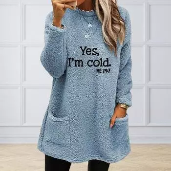 Зимняя осенняя толстовка с круглым вырезом, толстый плюшевый свободный пуловер средней длины с длинными рукавами и буквенным узором, карманами, теплая женская весенняя толстовка L светло-синий