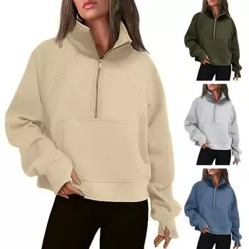 Зимняя осенняя женская толстовка с застежкой-молнией на половину длины, воротник-стойка, плюш, длинные рукава, накладные карманы, эластичные манжеты, однотонный пуловер для тренировок, повседневный топ XL армия зеленый