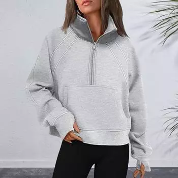 Зимняя осенняя женская толстовка с застежкой-молнией на половину длины, воротник-стойка, плюш, длинные рукава, накладной карман, эластичная манжета на подоле XL синий