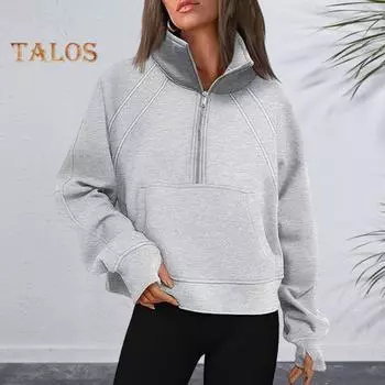 Зимняя осенняя женская толстовка с застежкой-молнией на половину длины, воротник-стойка, плюш, длинные рукава, накладные карманы, эластичные манжеты, однотонный пуловер для тренировок, повседневный топ S синий