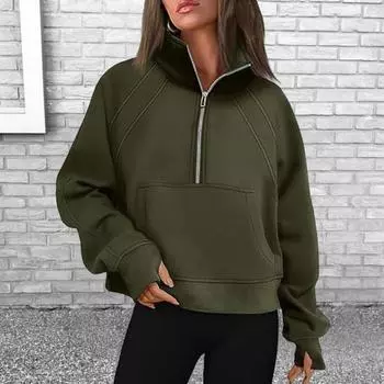 Зимняя осенняя женская толстовка с застежкой-молнией на половину длины, воротник-стойка, плюш, длинные рукава, накладные карманы, эластичные манжеты, однотонный пуловер для тренировок, повседневный топ L синий