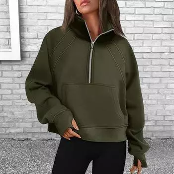 Зимняя осенняя женская толстовка с застежкой-молнией на половину длины, воротником-стойкой, плюшевыми длинными рукавами, накладными карманами, эластичными манжетами, однотонным пуловером S синий