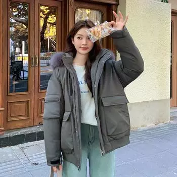 Зимняя оснастка новая корейская версия стеганая куртка стеганая куртка свободный меховой воротник утолщенная куртка стеганая куртка S чёрный