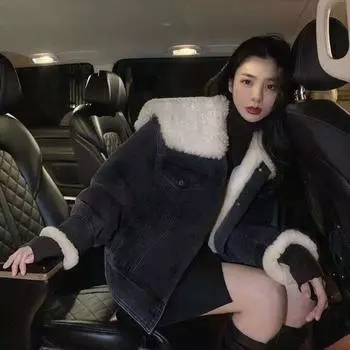 Зимняя овечья шерсть искусственный мех джинсовая куртка женская свободная маленькая тонкая утолщенная хлопковая одежда теплая верхняя мода S чёрный