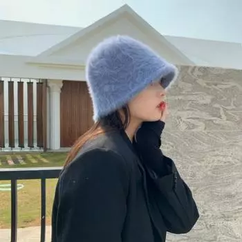 Зимняя панама, женская модная однотонная шапка с кроличьим мехом, кепка-ведро, рыбацкая шапка, вязаная шерстяная шапка в стиле ретро One Size