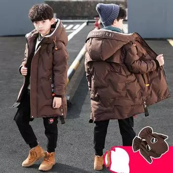 Зимняя парка для мальчиков, утолщенная куртка-пуховик, длинная теплая куртка с прикрепленными теплыми перчатками 170 белый