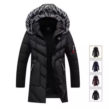 Зимняя парка, мужская однотонная куртка, толстое теплое пальто, длинная куртка с капюшоном, ветрозащитное стеганое пальто с меховым воротником, модное мужское пальто