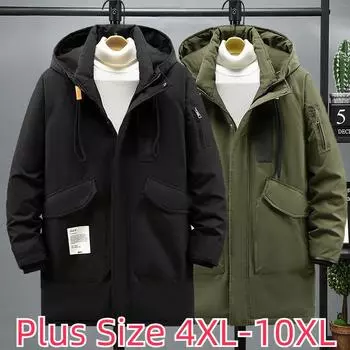 Зимняя парка мужская средней длины плюс бархатное утепленное свободное хлопковое пальто толстяк куртка больших размеров 4XL-10XL 10XL чёрный