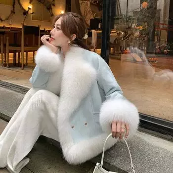 Зимняя парка Пальто Женское Искусственный Мех Куртка Оверсайз Воротник Теплая Верхняя Одежда M синий