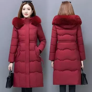 Зимняя парка женская стеганая куртка утолщенная тонкая куртка с хлопковой подкладкой теплая меховая воротник капюшон с длинным рукавом верхняя одежда 7XL чёрный