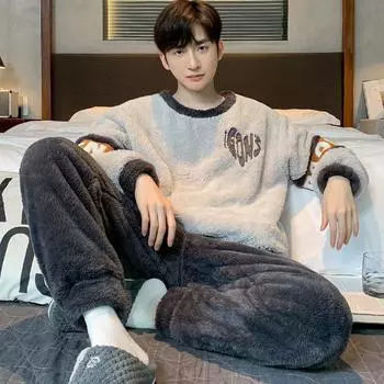 Зимняя пижама из кораллового флиса с вышитыми буквами для мальчиков, утепленная фланель, теплые комплекты одежды для сна, мягкая пижама для мужчин, домашняя одежда для мужчин, одежда для отдыха L серый