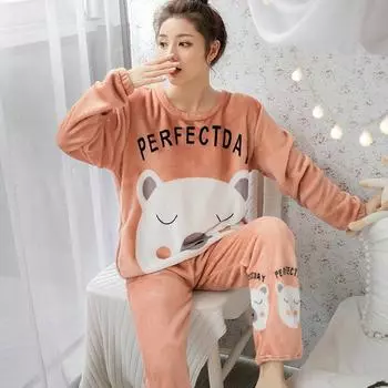 Зимняя пижама с круглым вырезом и длинными рукавами с рисунком медведя из мультфильма, теплая зимняя пижама, утепленная пижама из кораллового флиса, комплект из двух предметов, домашняя одежда M белый