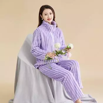 Зимняя пижама Свободная повседневная коралловая бархатная домашняя одежда Женская фланелевая пижама комплект утолщенная теплая пижама повседневная одежда M розовый