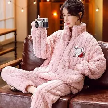 Зимняя пижама женская коралловая бархатная фланель утолщенная плюс пижама женская домашняя одежда комплект женской застежки-молнии верхняя одежда M