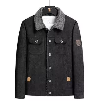 Зимняя плюшевая и толстая вельветовая куртка для мужской рабочей одежды. Куртка с лацканами в стиле ретро для повседневного свободного покроя хлопчатобумажной куртки среднего возраста. L
