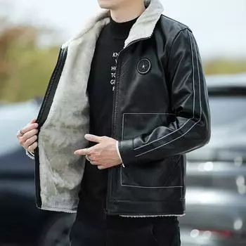 Зимняя плюшевая кожаная куртка для мужчин, плюс бархат и утолщенные деловые лацканы, кожаная куртка для папы, модная теплая куртка для мужчин M