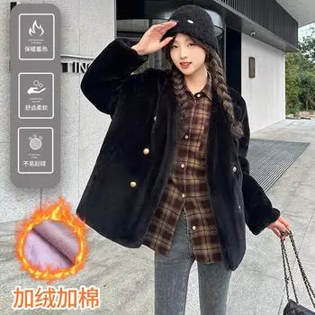 Зимняя плюшевая куртка женская повседневная с v-образным вырезом также толстая, морозостойкая и теплая, экологически чистая меховая куртка, двубортная хлопковая куртка S (suitable for 80-50kg) чёрный