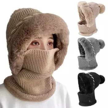 Зимняя плюшевая лыжная шапка, цельный шарф, набор шапок, маска для лица, защита ушей, вязаные шапки с помпоном из искусственного меха, шерстяные шапки, теплая накидка для активного отдыха, пешего туризма, верховой езды чёрный