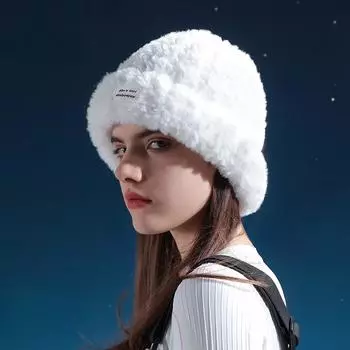 Зимняя плюшевая лыжная женская утолщенная теплая защитная шапка из кроличьей шерсти белый