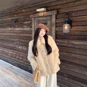 Зимняя плюшевая меховая интегрированная овечья шерсть куртка женская высококачественная легкая меховая верхняя часть из экологически чистого меха S светло-желтого