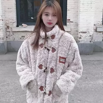 Зимняя плюшевая роговая куртка на пуговицах из овечьей шерсти, длина миди, свободный утепленный топ S