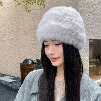 Зимняя плюшевая шапка-мешок для головы женская корейская версия новая модная теплая шапка из меха кролика большая окружность головы показывающая лицо маленькая шерстяная шапка One size elastic бежевый