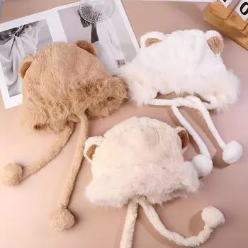 Зимняя плюшевая шапка с медведем, утепленная шапка для езды на велосипеде, утепленная флисовая шапка для девочек, женские теплые вещи первой необходимости хаки